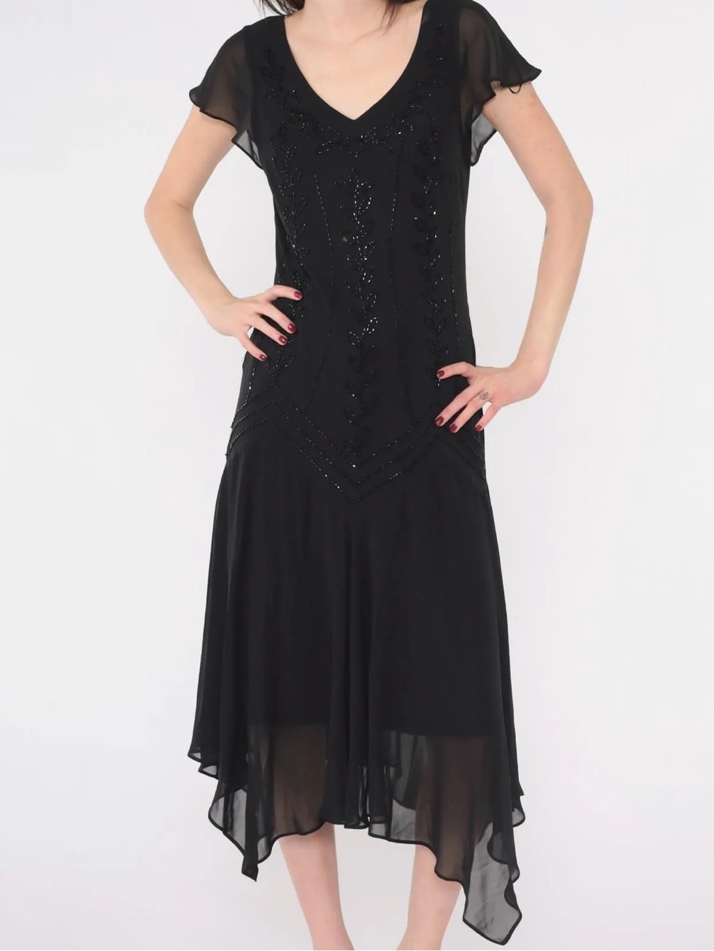 Vintage S.L. Fashions Y2K Beaded Chiffon Midi Evening Dress Whimsigoth Size 14